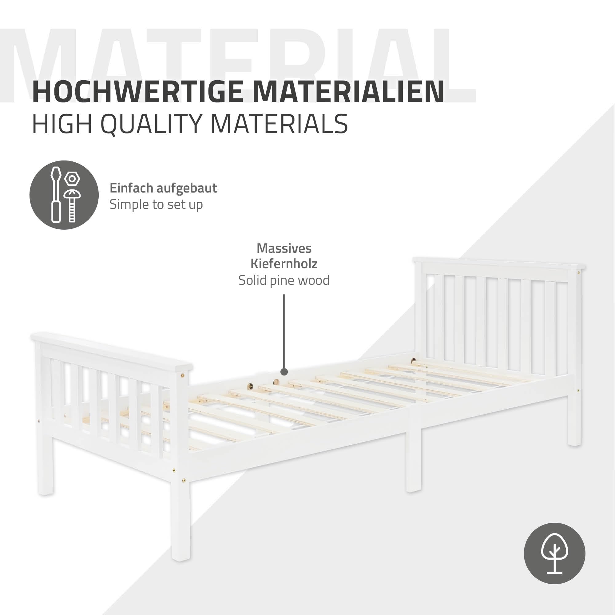 ML-Design Letto Singolo in Legno di Pino Massiccio 90 x 200 Colore Bianco, con Telaio Rete a Doghe Testiera e Pediera, Lettino per Bambini, Giroletto per Ragazzi e Adulti, Struttura Solida