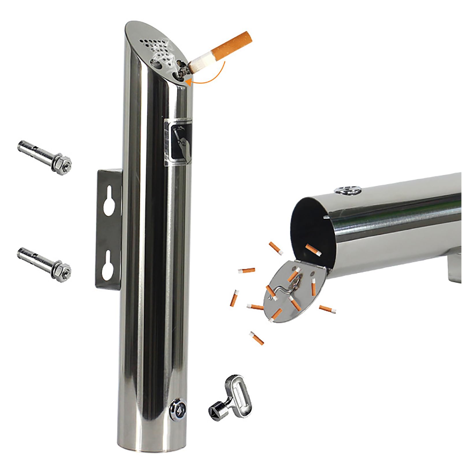 Wsexyy Wall Mounted Metal Ashtray, Stainless Steel Outdoor Wall Mounted Cigarette Bin with Key, Smoking Shelters for Public Areas, Pubs, Restaurants, Clubs, Courtyard