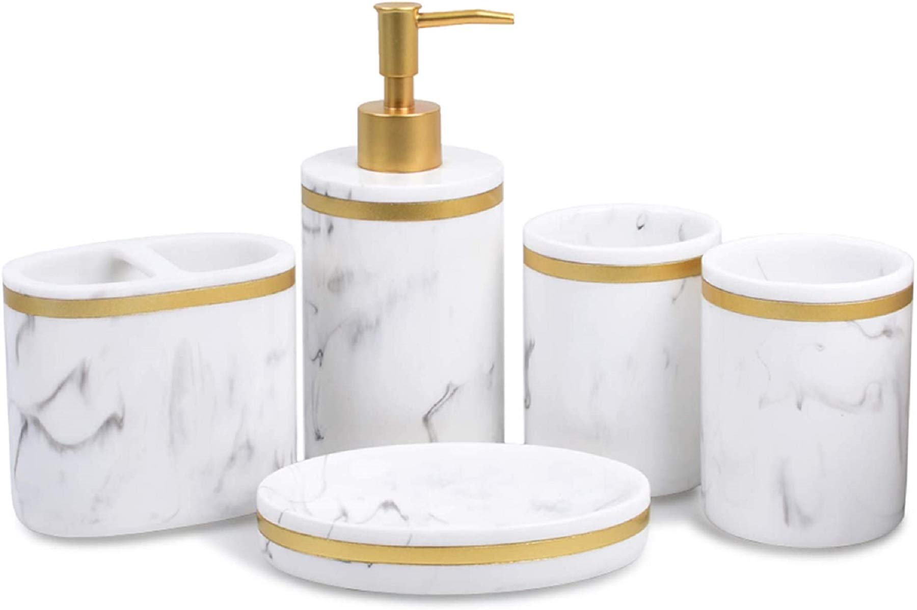 Sierra Selected Bathroom Accessory Set, 5 Piece White Gold Elegant Marble Classic Soap Dispenser Soap Dish 2 Tumblers Toothbrush Holder, Meticulous Housewarming Wedding Gift