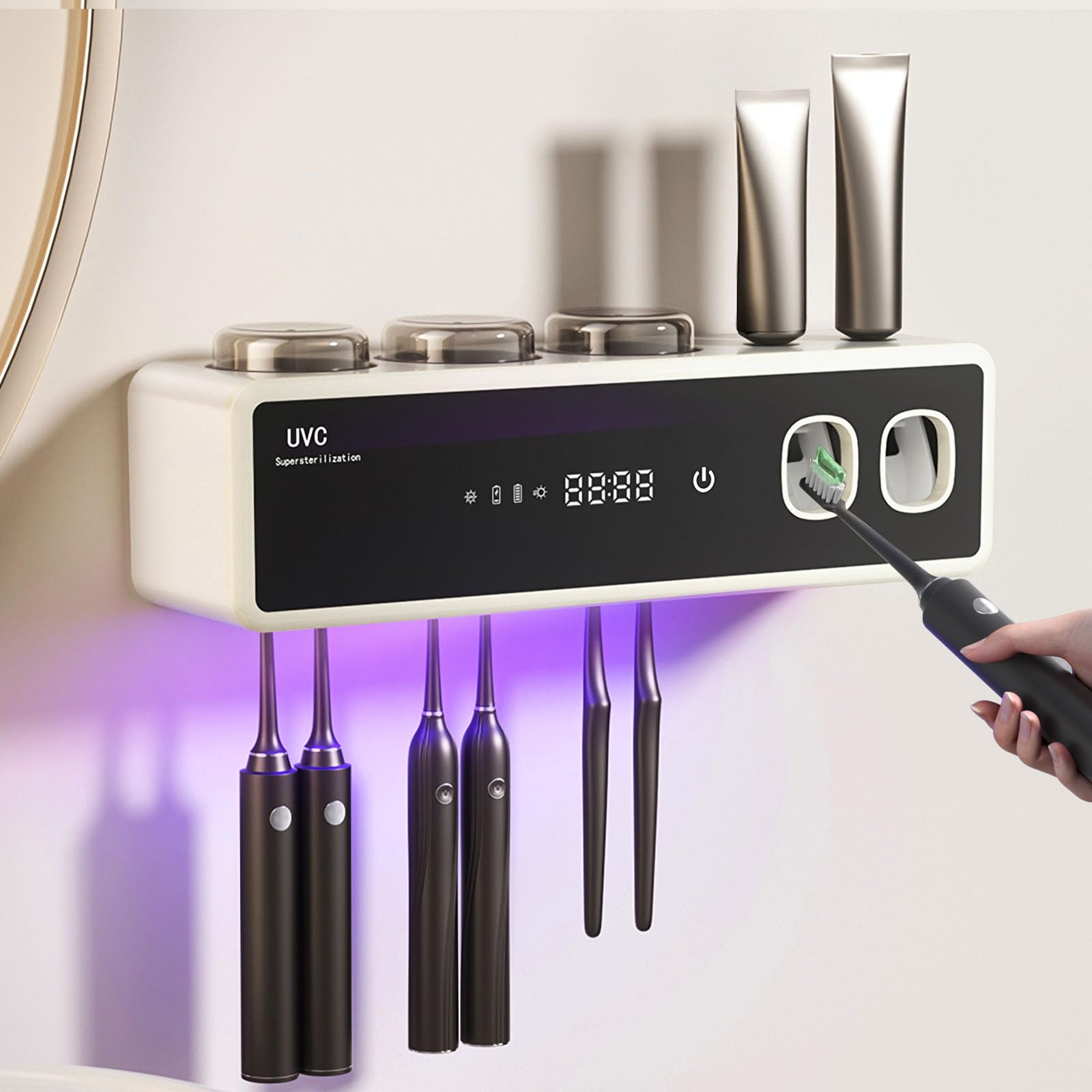 Juego de dispensador automático de pasta de dientes y organizador de cepillos de dientes con limpieza inteligente y secado al aire caliente, 3 tazas, artículos esenciales de almacenamiento y