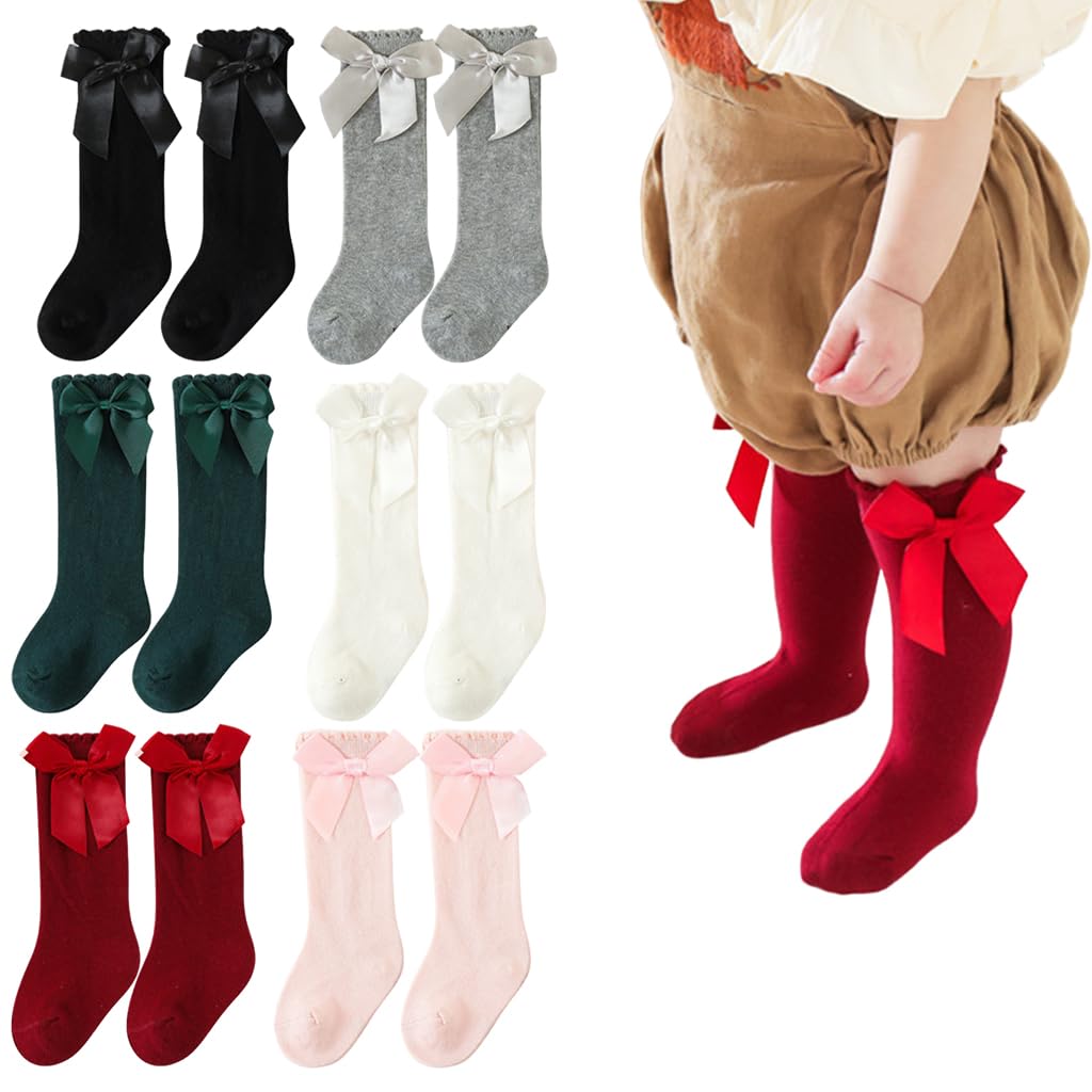 zibuyu 6 Pair Winter Long Socks for Girls with Big Bow Knee High Design, Breathable Soft Baby Girl Socks, Cute Style-picture-47