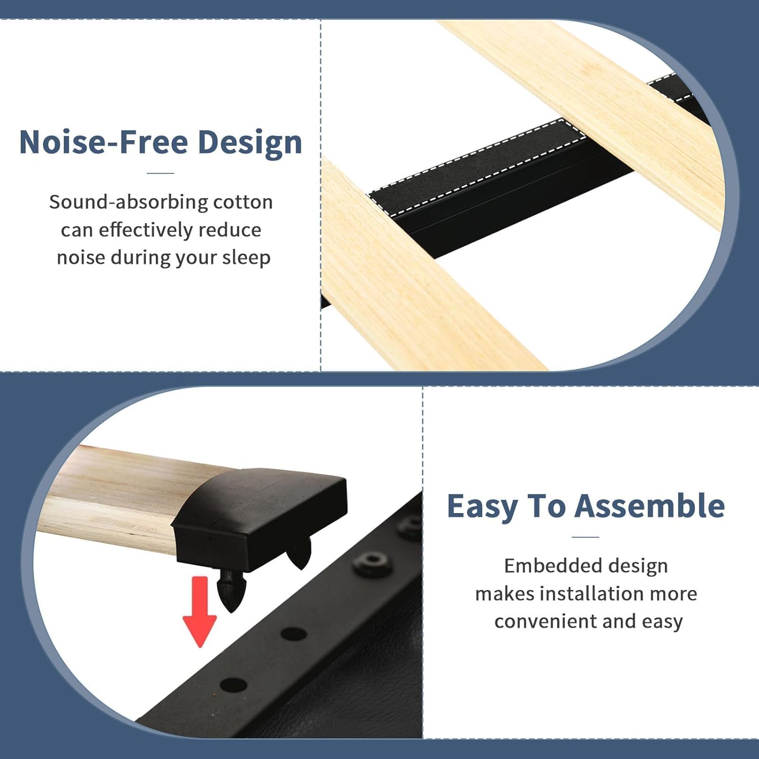 Close-up of the noise-free design with sound-absorbing cotton and an illustration of the easy assembly method.