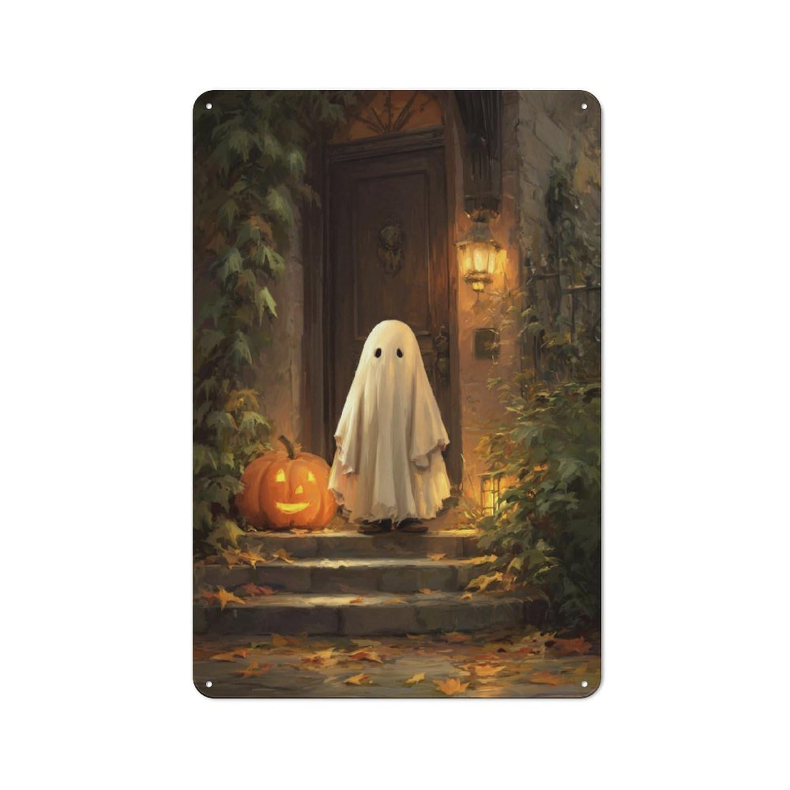 Jubonexis Cute Ghost in White Robes Pumpkin Tin Metal Signs Wall Art Decorations for Bar Pub Club Cafe Room Farmhouse White 30x20cm