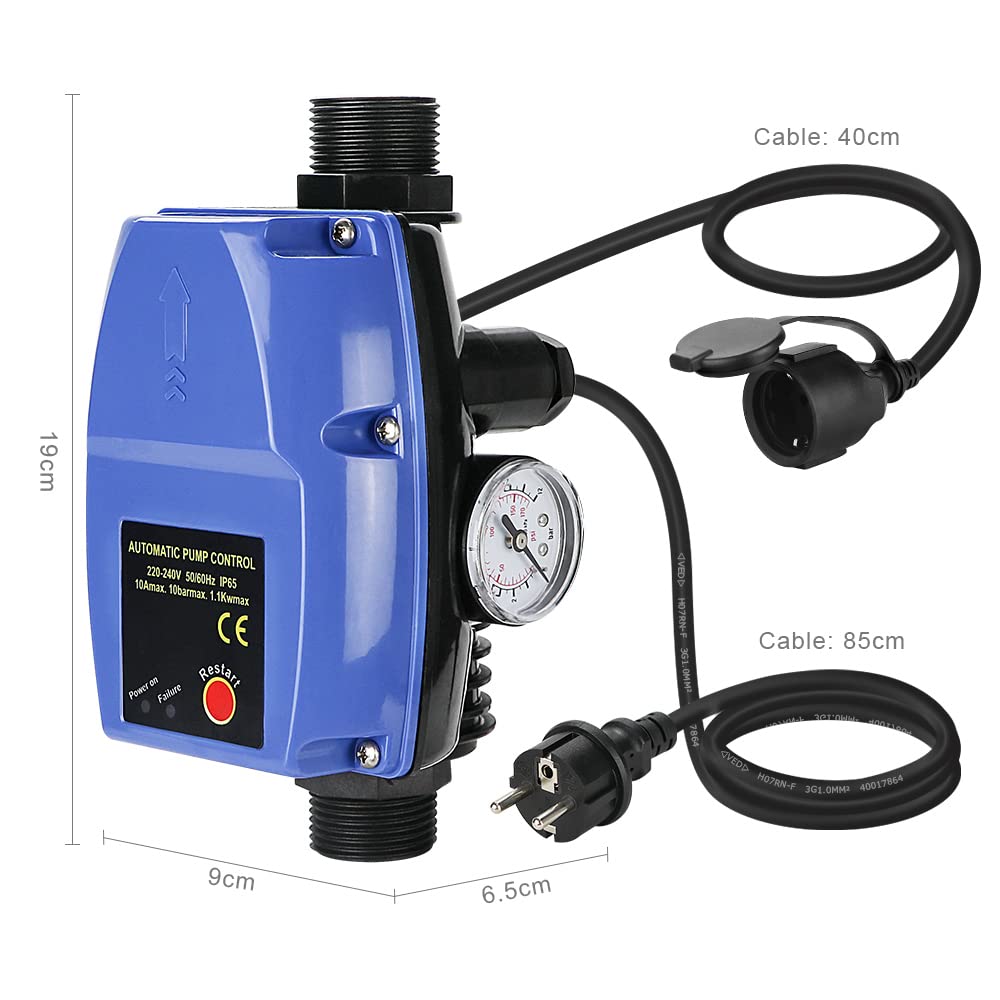 Control de bomba, interruptor de presión con manómetro y cable, regulador de presión electrónico máx. 10 bar, regulador de flujo para plantas de agua domésticas, bomba centrífuga, bomba sumergible,