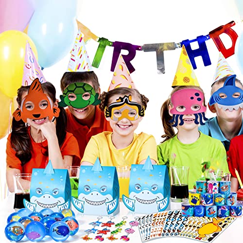Winrayk 72Pcs Under The Sea Party Favors Birthday Supplies Ocean Party Favors For Kids Boys Bouncy Ball Sea Animal Mask Shark Gift Bag Diy Ocean Sticker Slap Bracelet Keychain Ocean Toy Pinata Fillers #TOP6
