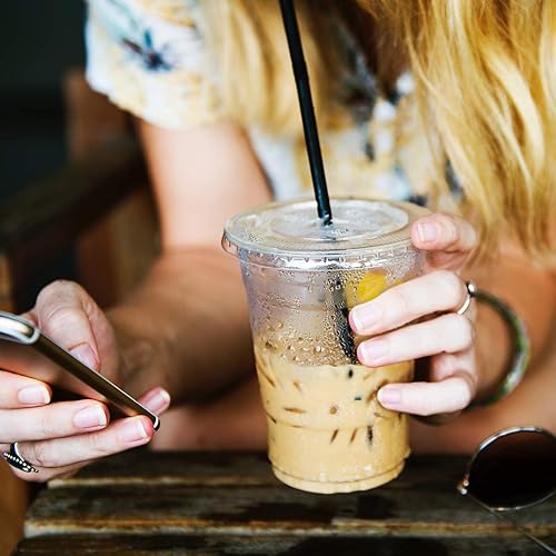 Miniatura 6 de Eupako Vasos de plástico de 12 onzas con tapas, 100 juegos de vasos de plástico transparente desechables para fiestas con tapas planas para llevar,