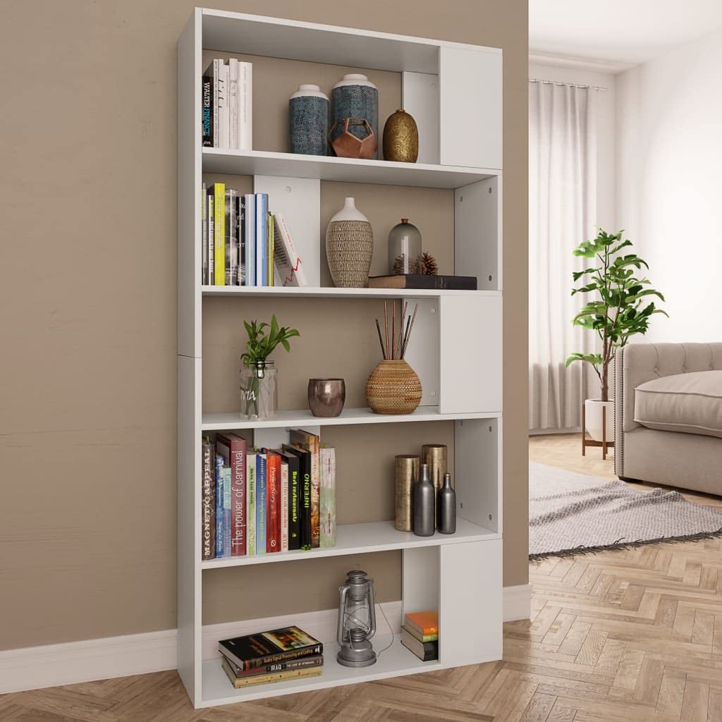 Biały regał na książki, ścianka działowa, 80 x 24 x 159 cm, materiał drewnopochodny, z 5 półkami, uniwersalny organizer Cube Storage do salonu, biura, korytarza