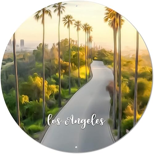 Round Metal Tin Sign Plaque American California State Los Angeles City Skyline Scenery Cityscape Vintage Wreath Sign Home Door Sign Plaque