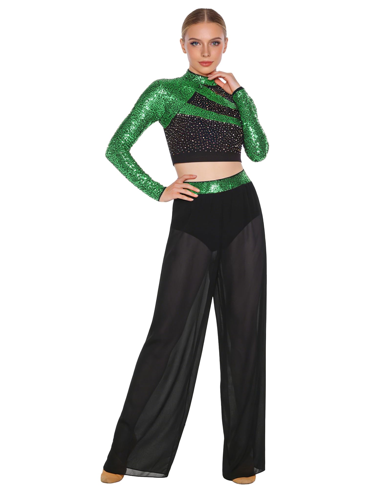 ranrann Traje Baile Contemporáneo de 2 Piezas para Mujer con Lentejuelas Crop Top de Manga Larga y Pantalones Traje de Gimnasia Rítmica para Actuación S-XXL