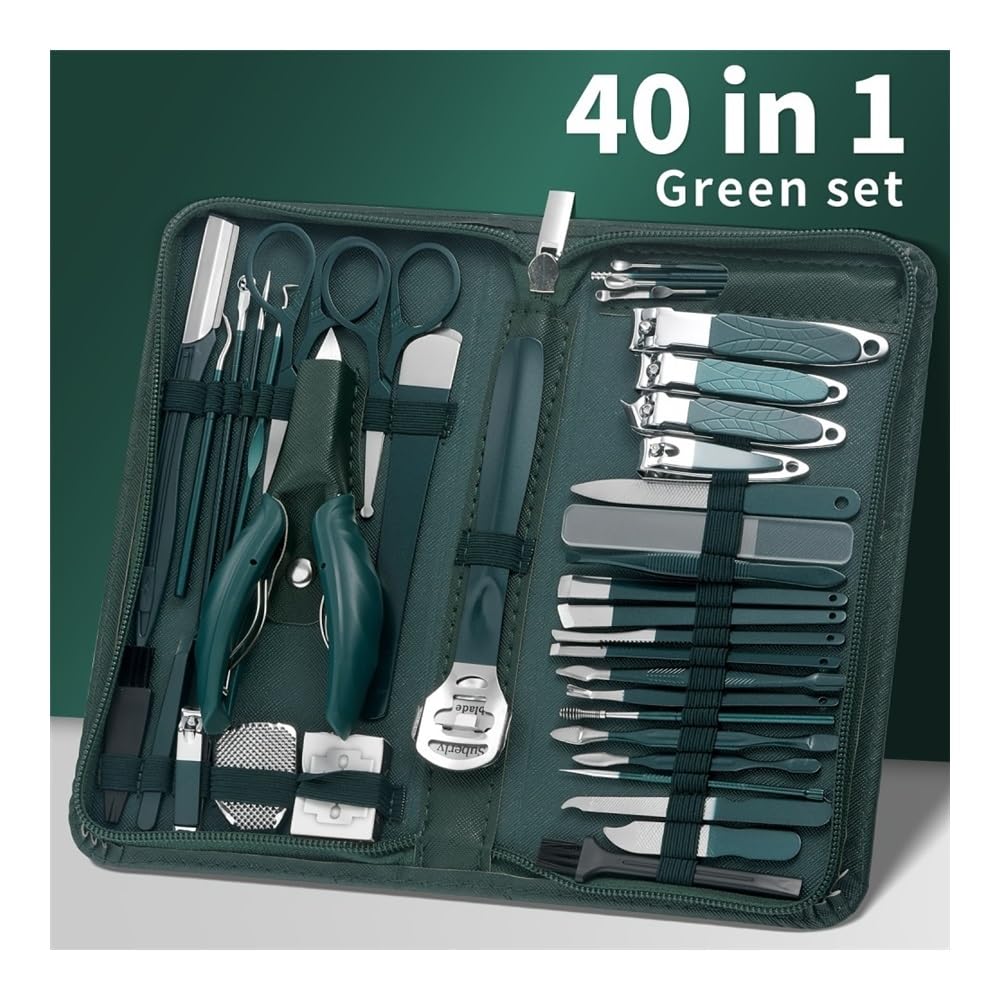 Tagliaunghie 40 Pezzi Set Manicure Completo, tagliaunghie in Acciaio Inossidabile Kit Pedicure, tagliaunghie per Unghie dei Piedi Kit per Unghie (Verde)