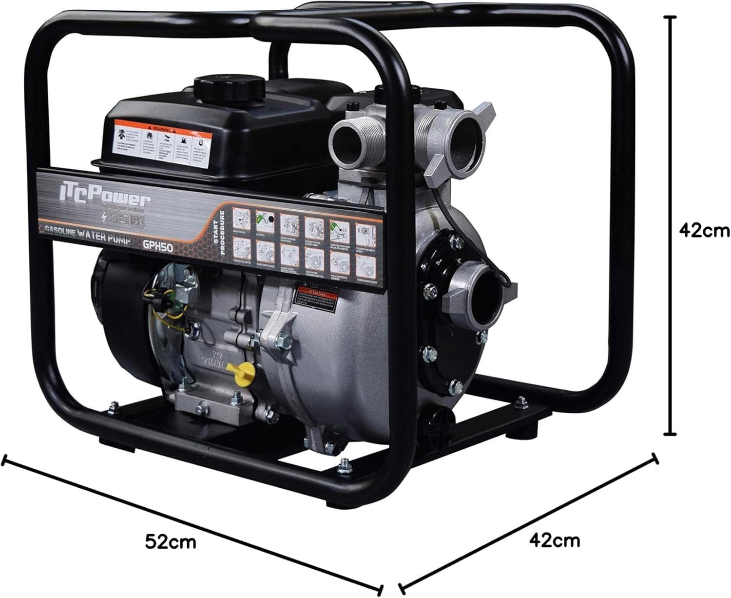 ITCPower GPH50 Motobomba de Gasolina Alta Presión 7 CV – Bomba de Agua 2" (50 mm), 500 L/min, Altura Máx. 65 m, Motor 200 cc para Riego, Trasvase y Uso Agrícola