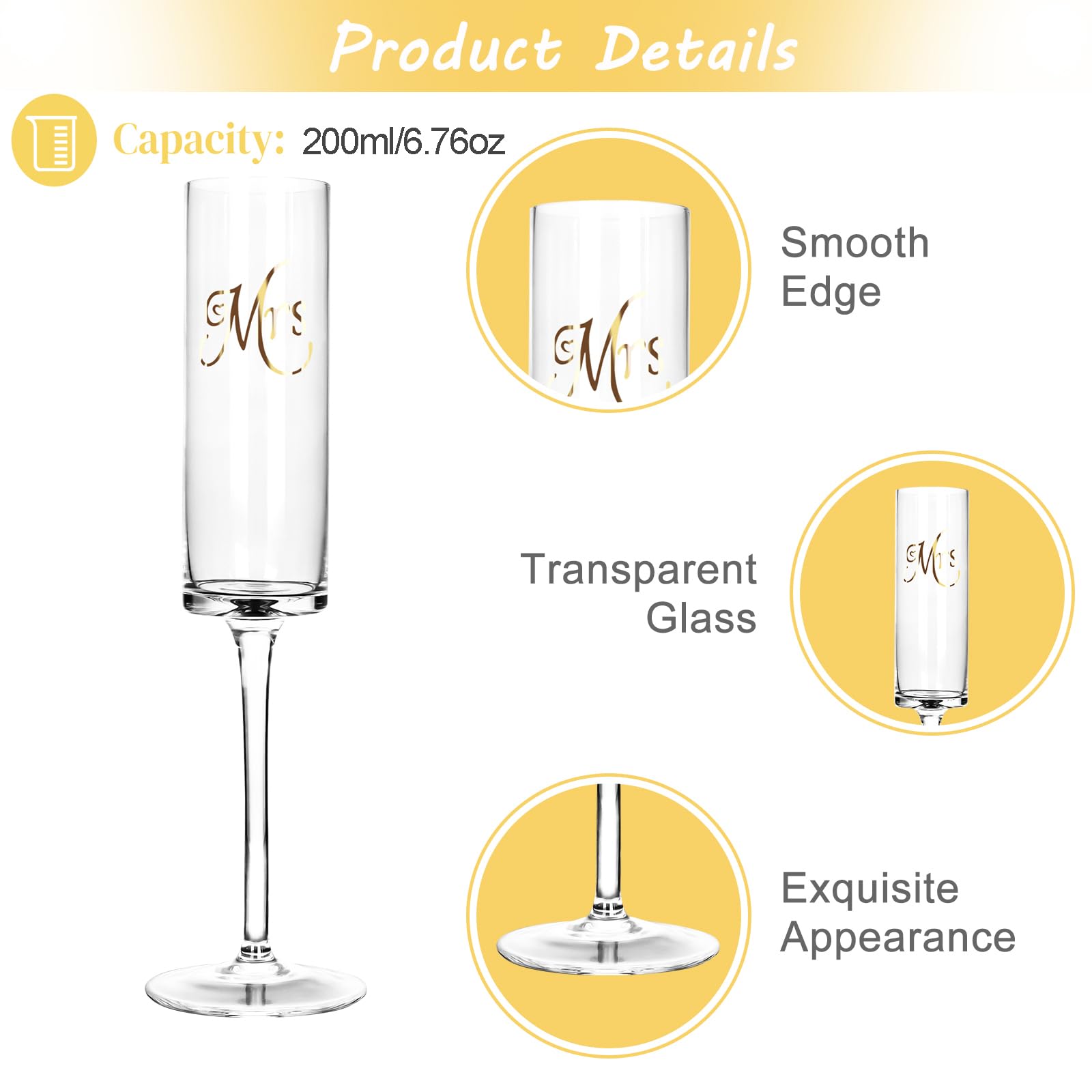 HYEIOL Mr & Mrs - Set di 2 calici da champagne riutilizzabili da 200 ml, per regali di fidanzamento, regali di nozze, bicchieri di nozze, in confezione regalo