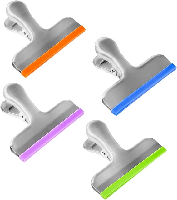Coideal 8 Pack Food Storage Bag Sealing Clips Stainless Steel with Rubber Edging, 3 Inch Wide Large Heavy-Duty Air Tight Seal Freezer Bag Grip Clips Clamps for Kitchen Office Usage