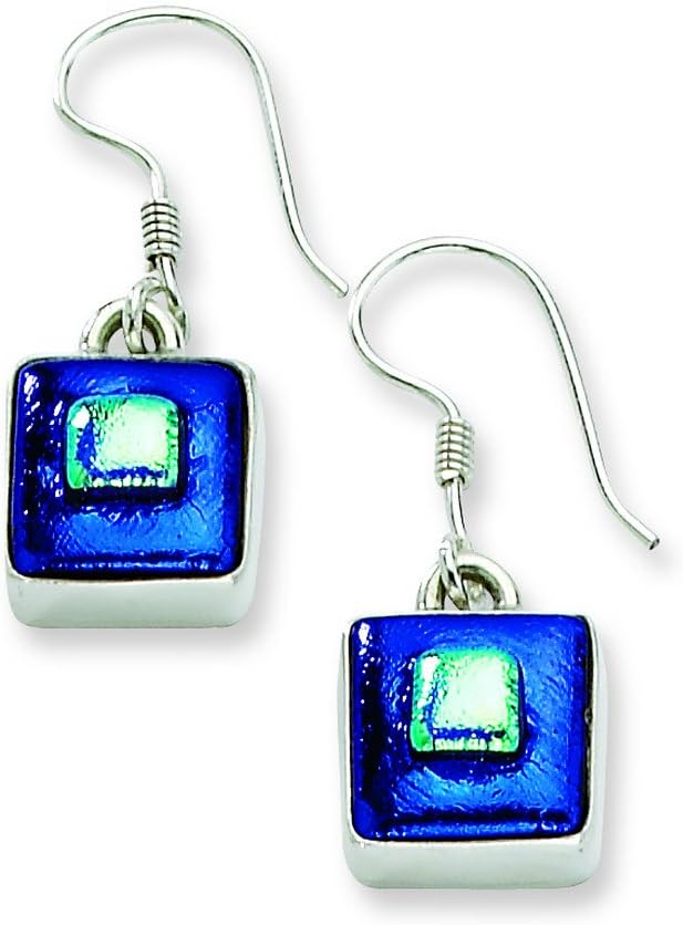 Sterling Silver Blue Dichroic Glass Square Shaped Dangle Earrings