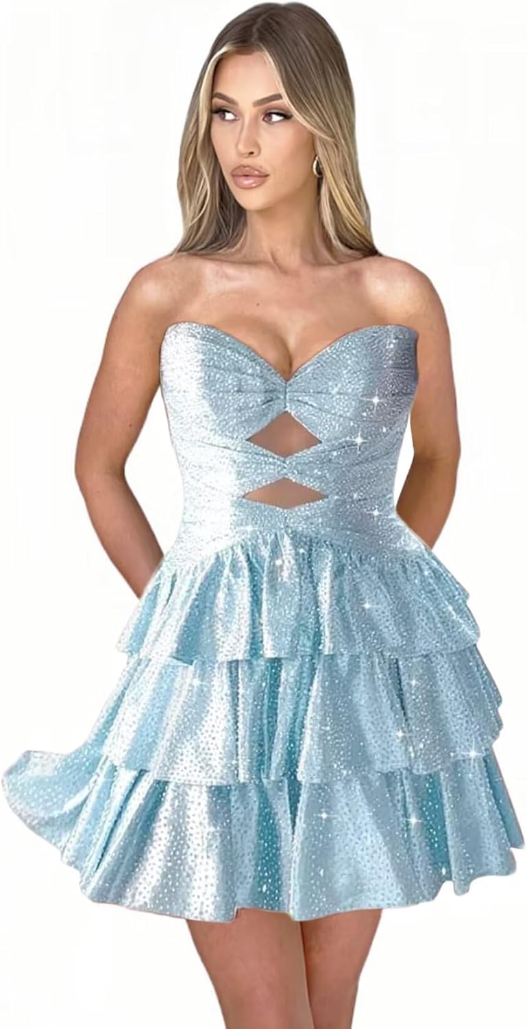 Tsbridal Sparkly Sequin Homecoming Dresses for Teens Sweetheart Tiered Layered Cut Out Mini Prom Cocktail Party Gown