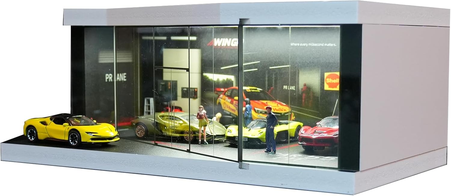 1/64 Scale Metal Die-Cast Car Display Case with Lighted Parking Lot Scene for Hot Wheels Series Cars (Racing Car Maintenance Showroom)