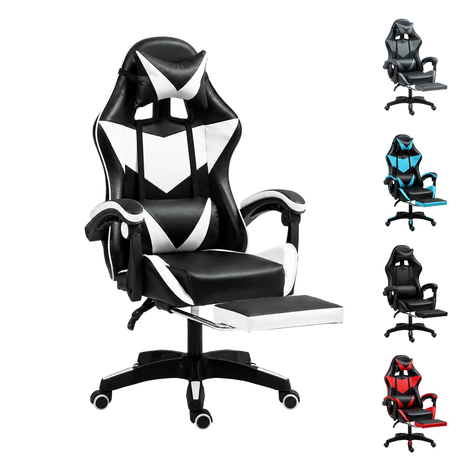 Sulwena Ergonomic Gaming Chair with Footrest, Massage Computer Chairs 360° Swivel Office Desk Chair with Lumbar Cushion + Headrest, Height-Adjustable Video Game Chairs for Adults (Black + White)