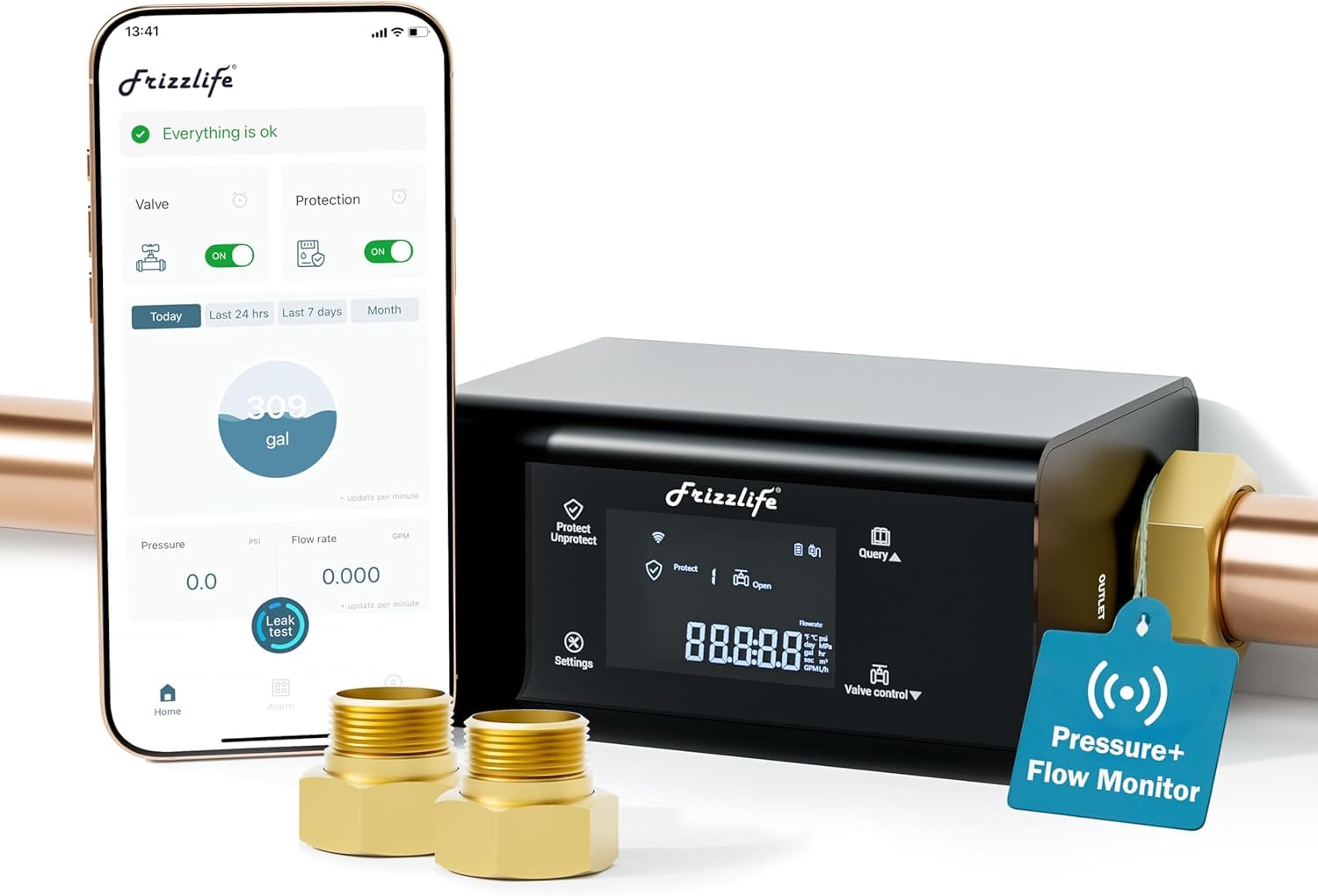Frizzlife LP365-P Smart Water Monitor and Automatic Shutoff - 0.04L/min Ultrasonic Micro Leak Detection, Wi-Fi / APP Control, Flow/Temp/ Pressure Monitoring, 24/7 Water Usage Reports, Fits 3/4" and 1"