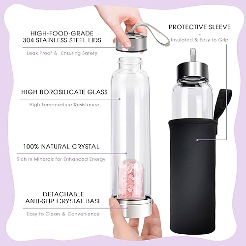 Vista 3 de ChezMax Botella de agua de cristal con centro de cristal natural A - Cristal rosa