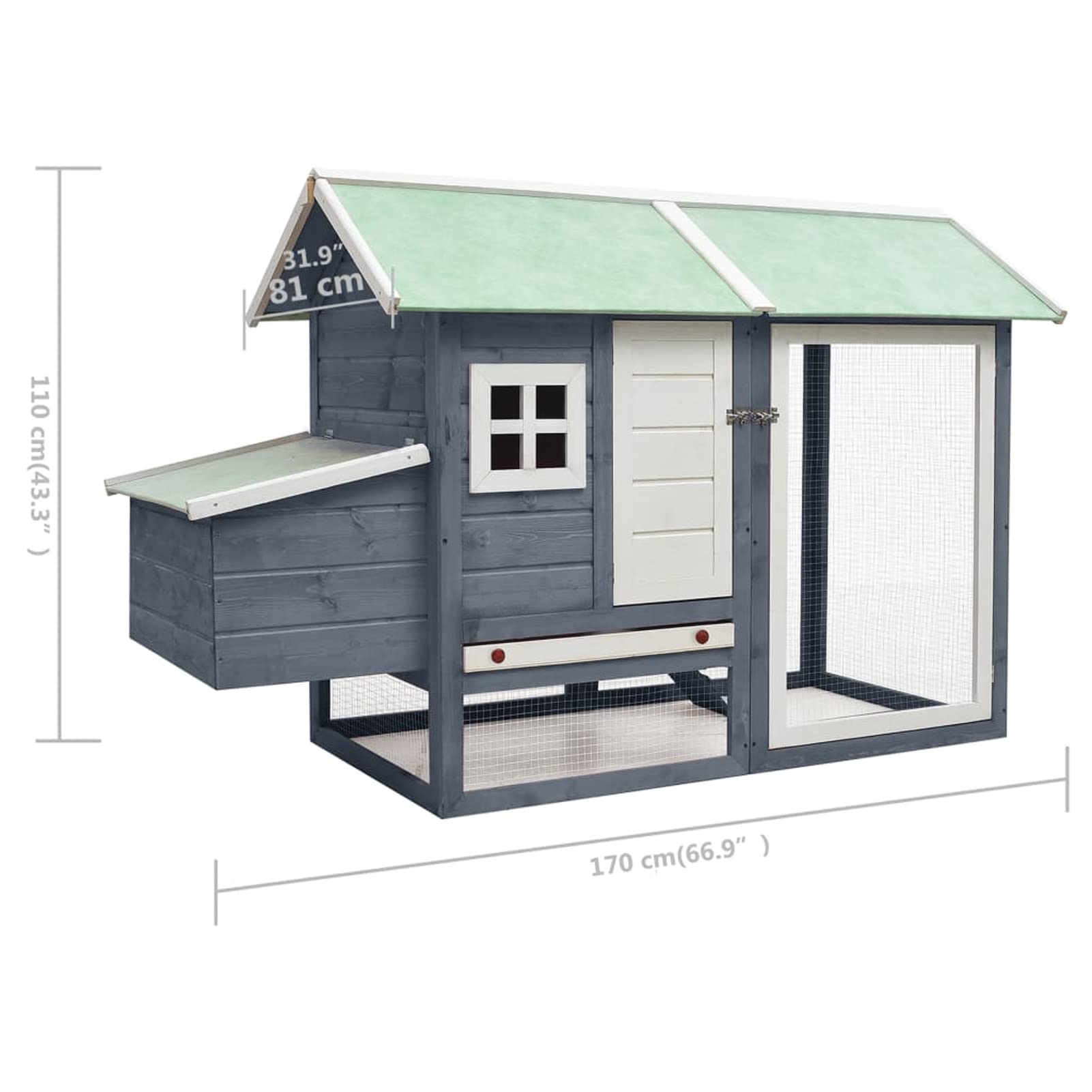 Homgoday Jaula de pollo gris de 170 x 81 x 110 cm, madera maciza de pino y abeto, gallinero y corral, jaula para gallinas, patos, conejos, perros, jaula de aves de corral