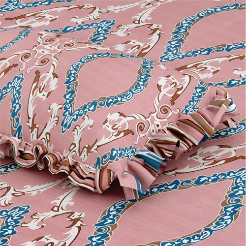 Image of 380 TC Premium Glace Cotton Elastic Fitted Bedsheet King Size with 2 Pillow Covers King Size | Double Bed with All Around Elastic (Pinkflower Frill, Fitted Queen-60x78)