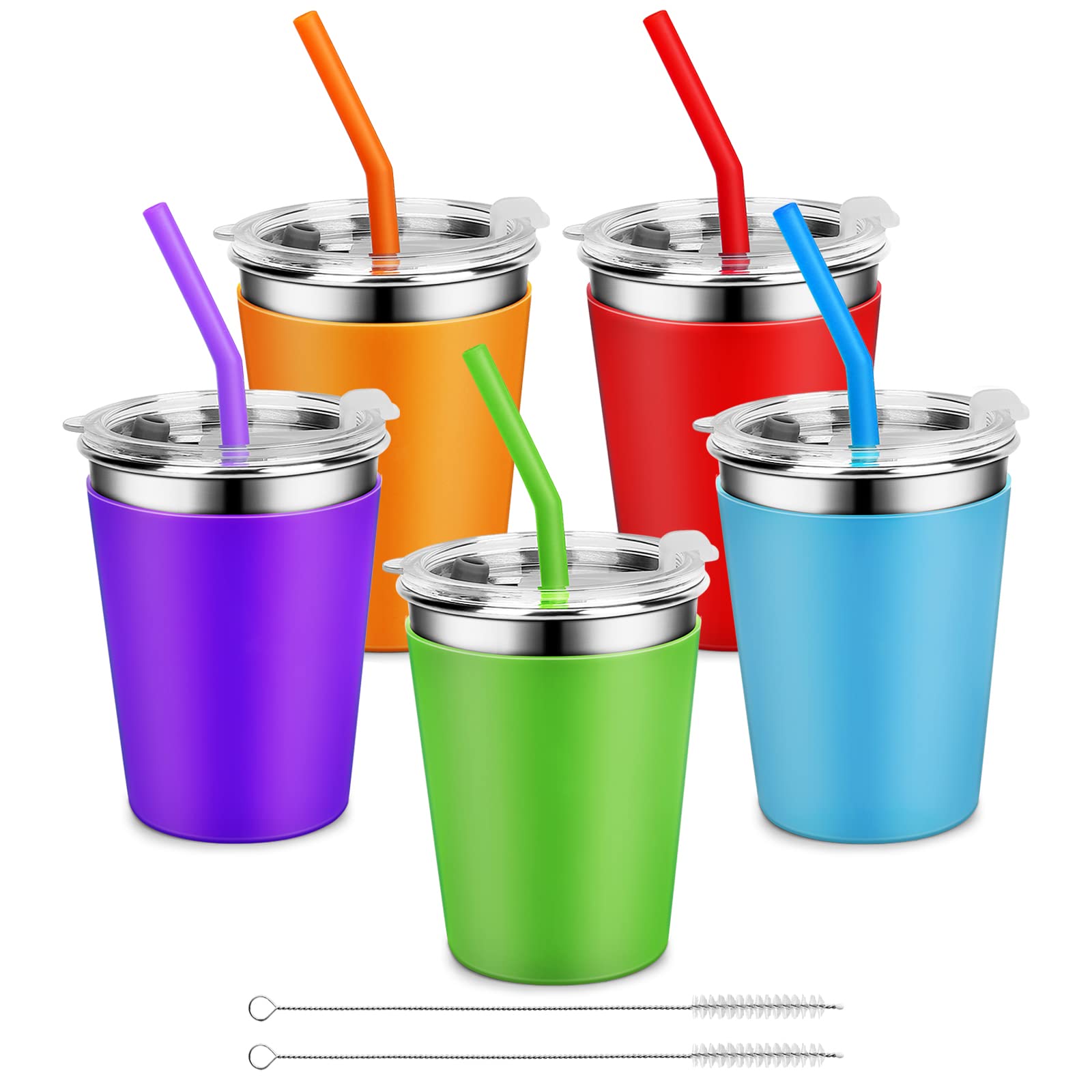 Yummy Sam5 Pack Kids Cups with Silicone Straws and Lids 12oz Stainless Steel Water Drinking Bottle with Non-Slip Heat Insulation Full Sleeves for Children Adult School Outdoor Home Use