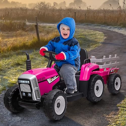 Miniatura 7 de Tractor eléctrico con batería de 12 V para niños con remolque, automóvil para niños pequeños con control remoto, 7 faros LED, cambio de marchas 2+1,