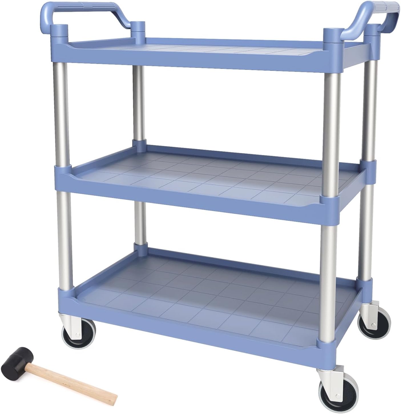 3-Tier Large Plastic Service Utility Cart,33.5''L x 19.1''W x 39.4''H Food-Service Rolling Cart with Wheels Heavy Duty 510lbs Capacity Commercial Rolling for Restaurant,Household,Office (Blue, L)
