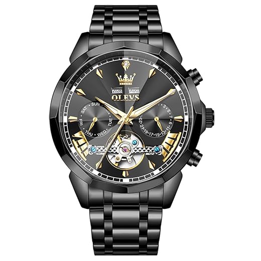OLEVS Watch Men Luxury Automatic Self Winding Big Face Casual Mechanica Stainless Steel Dress Analog Tourbillon Watches for Men——(Black/Blue/Grey/Silver Face)