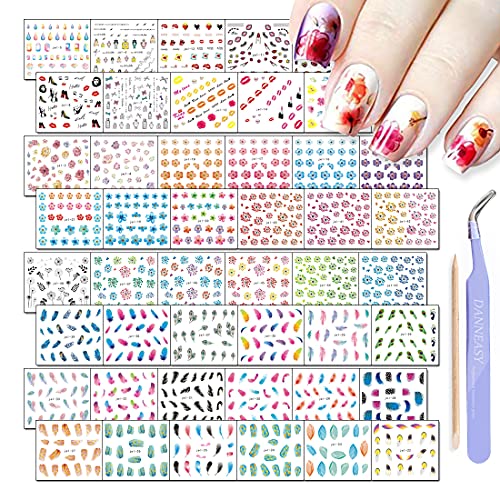 Danneasy 48 Sheets Nail Water Transfer Decals Feather Design Nail Art Stickers Manicure Kit For Women With 1Pc Nail File + Wood Cuticle Stick #TOP26