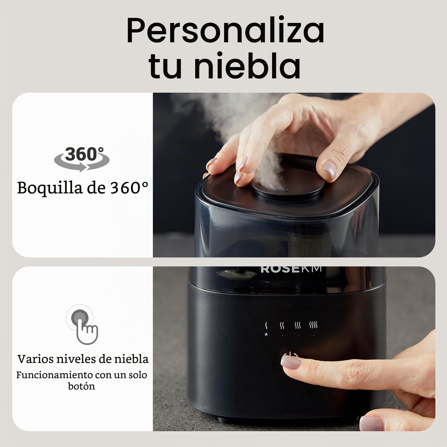 Rosekm Humidificador de Dormitorio - Humidificador Ultrasónico Silencioso de Niebla Fría para Plantas y Habitaciones de Bebés, Boquilla Giratoria de 360°, Apagado Automático, No Requiere Filtro, Negro