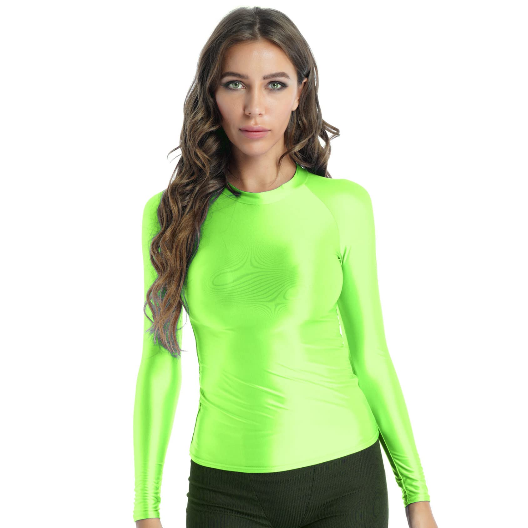 Daenrui Women's Glossy Silky Long Sleeves Gym Shirts Top Casual Compression Workout Yoga Tops Fluorescent Green Medium