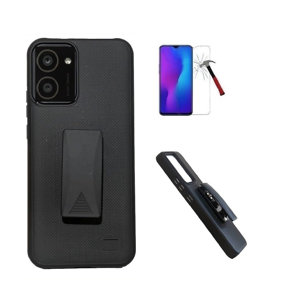 for HMD Vibe (Straight Talk/TracFone) Case, Dual Layer Shockproof 360-Degree Rotating Belt Clip Case Cover with Kickstand + Tempered Glass (Black)