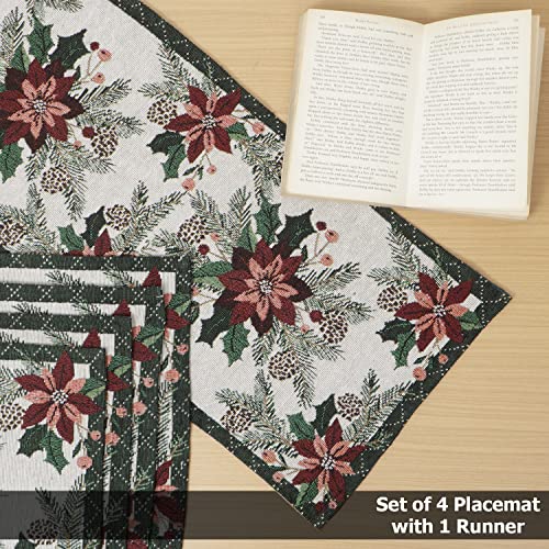 Image of HOKIPO Cotton Jacquard 4 Placemats with Runner for Dining Table 4 Seater (IN530-D1*4+IN531) White Floral