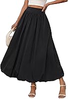 Simlakey Women's Bubble Maxi Skirt with Pockets - Elastic Waist, Puffy Hem A-Line Pleated Flowy Long Skirt