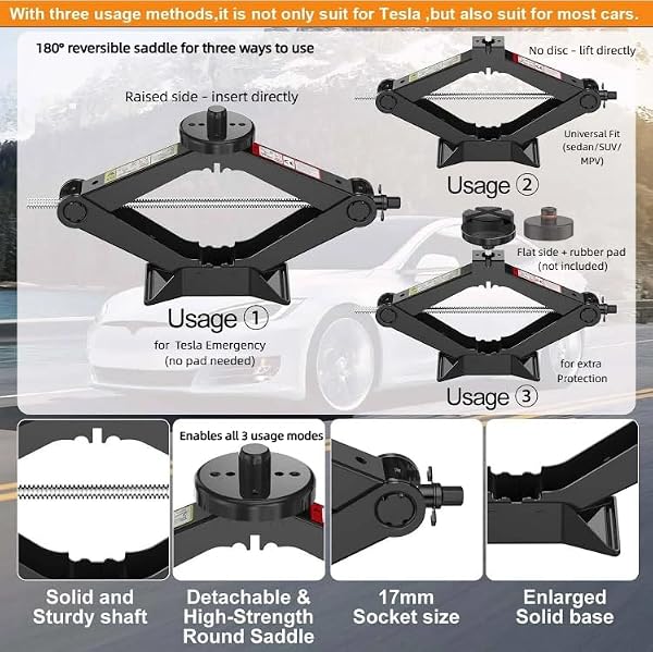 Emergency Car Jack Kit for Tesla Model Y/3/S/X, Sedan, SUV, MPV, 2.5 Ton/5512lbs Scissor Jack,180° Reversible Saddle,Tire Change Tool Kit – No Rubber Pad Needed,Car Repair Kit with Lug Wrench by HEKIRISTONS - Image 3