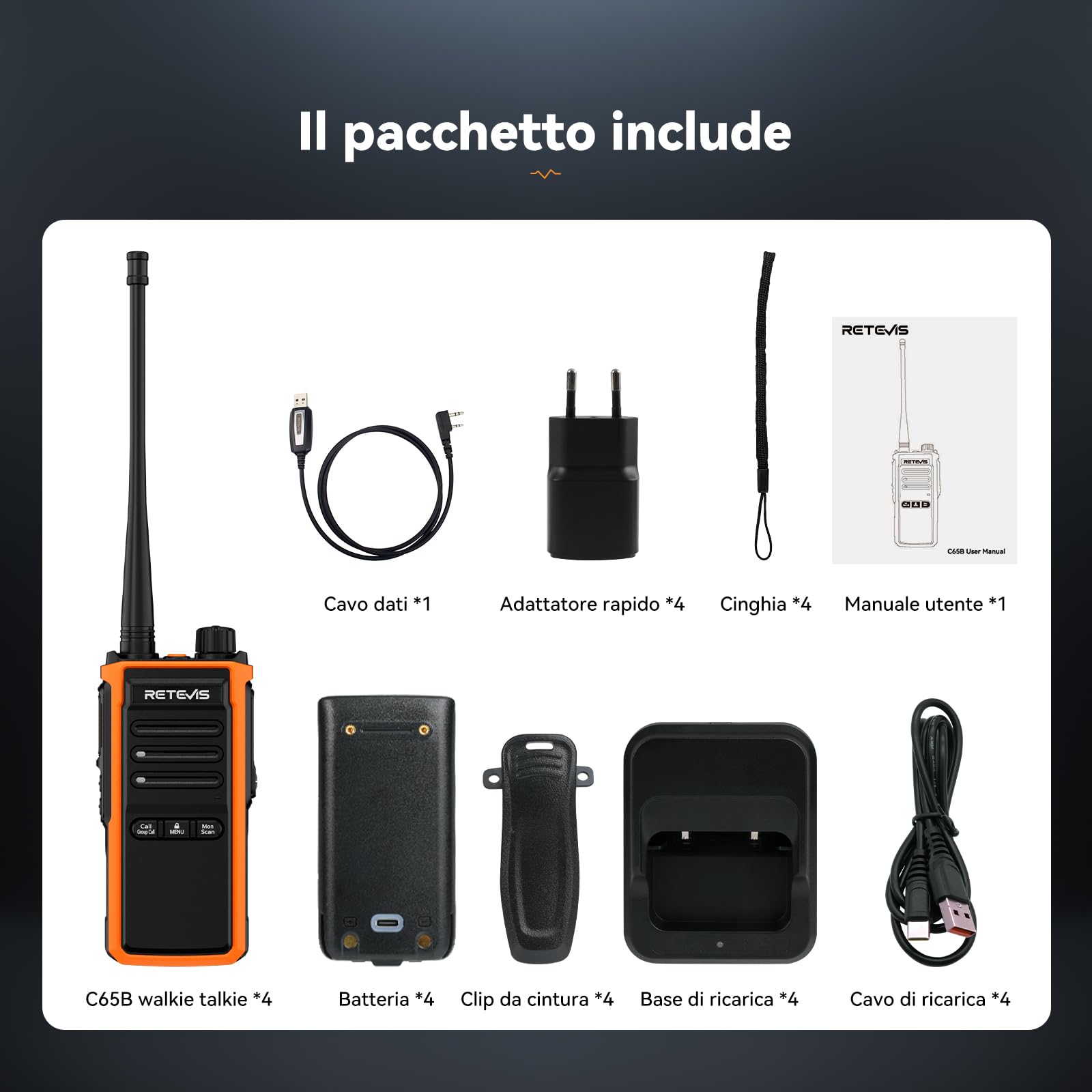 Retevis C65B Walkie Talkie Professionali IP67, Ricetrasmittenti a Lungo Raggio, Batteria Ricaricabile da 1800 mAh, Chiamata di Gruppo, Woki Toki Alta Potenza per la Costruzione (4 Pacchetti)