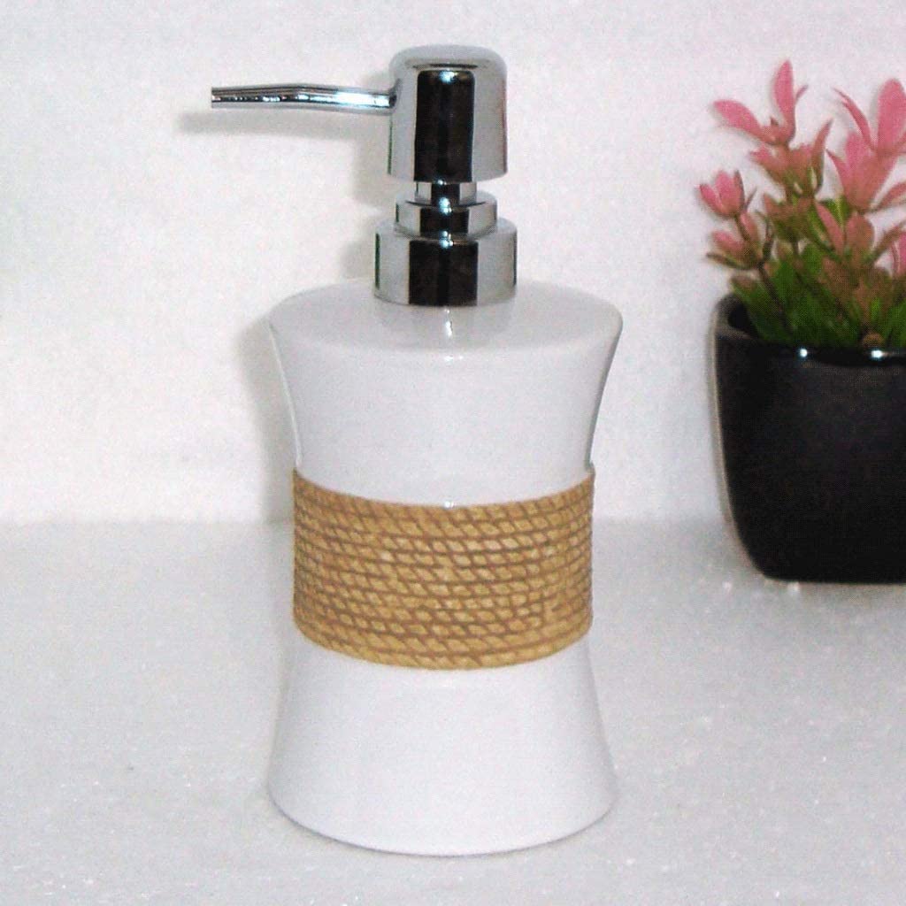 Distributeur de Savon en céramique avec Pompe, Blanc, Aspect Bois, antidérapant, pour la Douche, la Cuisine ou la Salle de Bain, 400 ML.