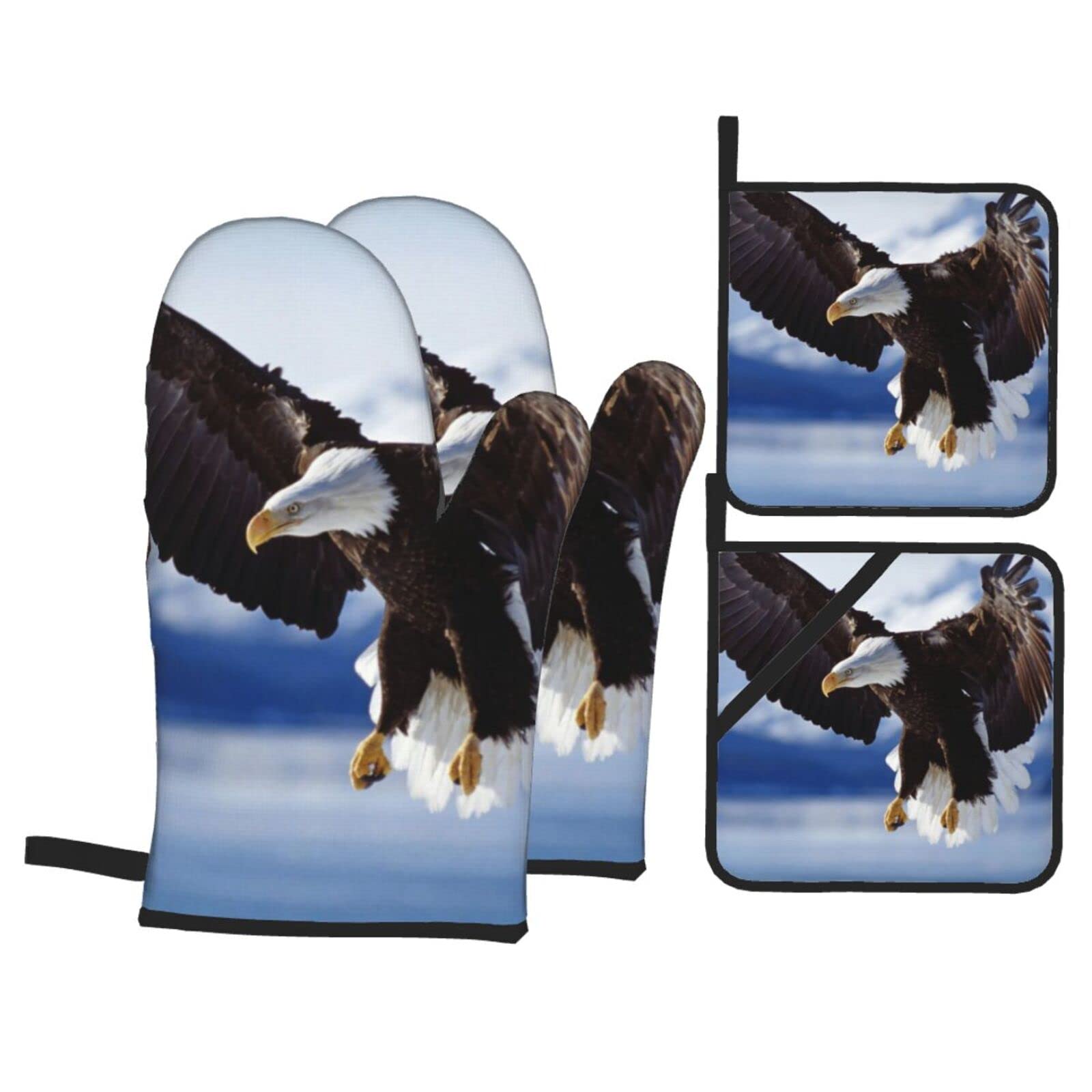 Eagle Print Kitchen Baking Four Piece Set of Heat Resistant Thick Cotton Oven Mitts for Cooking, Baking and Grilling