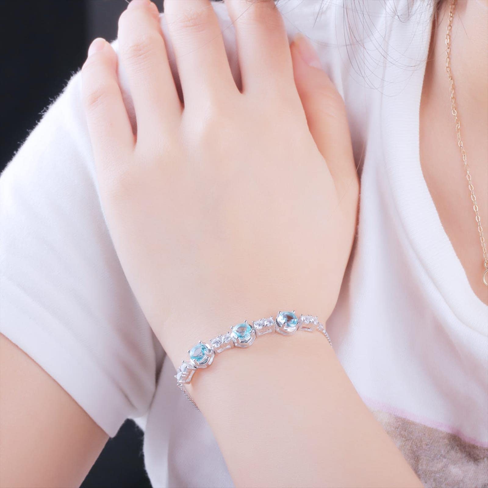 Braccialetti con Pietre Preziose con Topazio Azzurro Naturale Braccialetti Bracciale in Argento Sterling 925 di Lusso per Regali da Donna Espansione Gratuita
