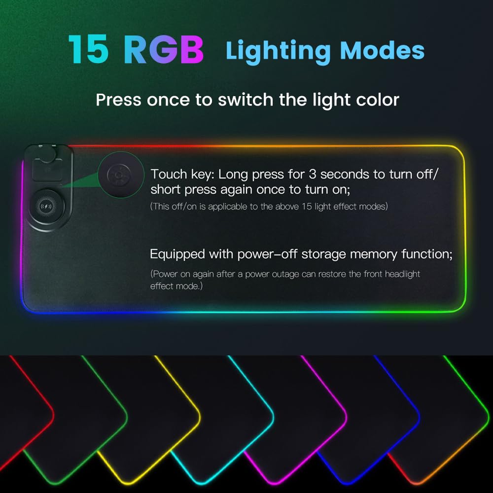 Tappetino per mouse 3 in 1 con ricarica wireless, 80 x 30 cm, RGB con ricarica wireless magnetica, 15 modalità di illuminazione, base antiscivolo, tappetino per tastiera impermeabile, nero