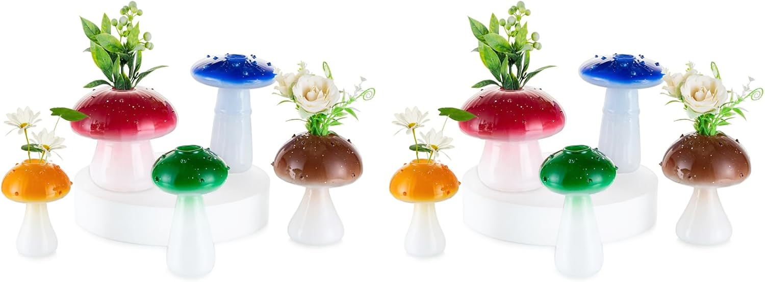 Hewory Glass Mushroom Vase for Flowers: 10pcs Unique Colored Small Bud Flower Vases, Plant Propagation Jars Hydroponic Planters, Funky Cute Decor for Home Room Kitchen Office Windowsill Decorations