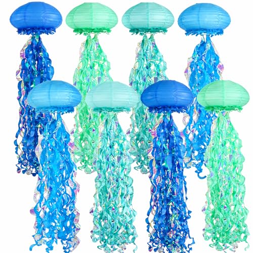 Image of 8 Pack Jellyfish Paper Lanterns, Blue Teal Mermaid Under the Sea Decor Kit | Ruffled edges and iridescent streamers for hanging jellyfish decorations birthday under sea baby shower ocean decor