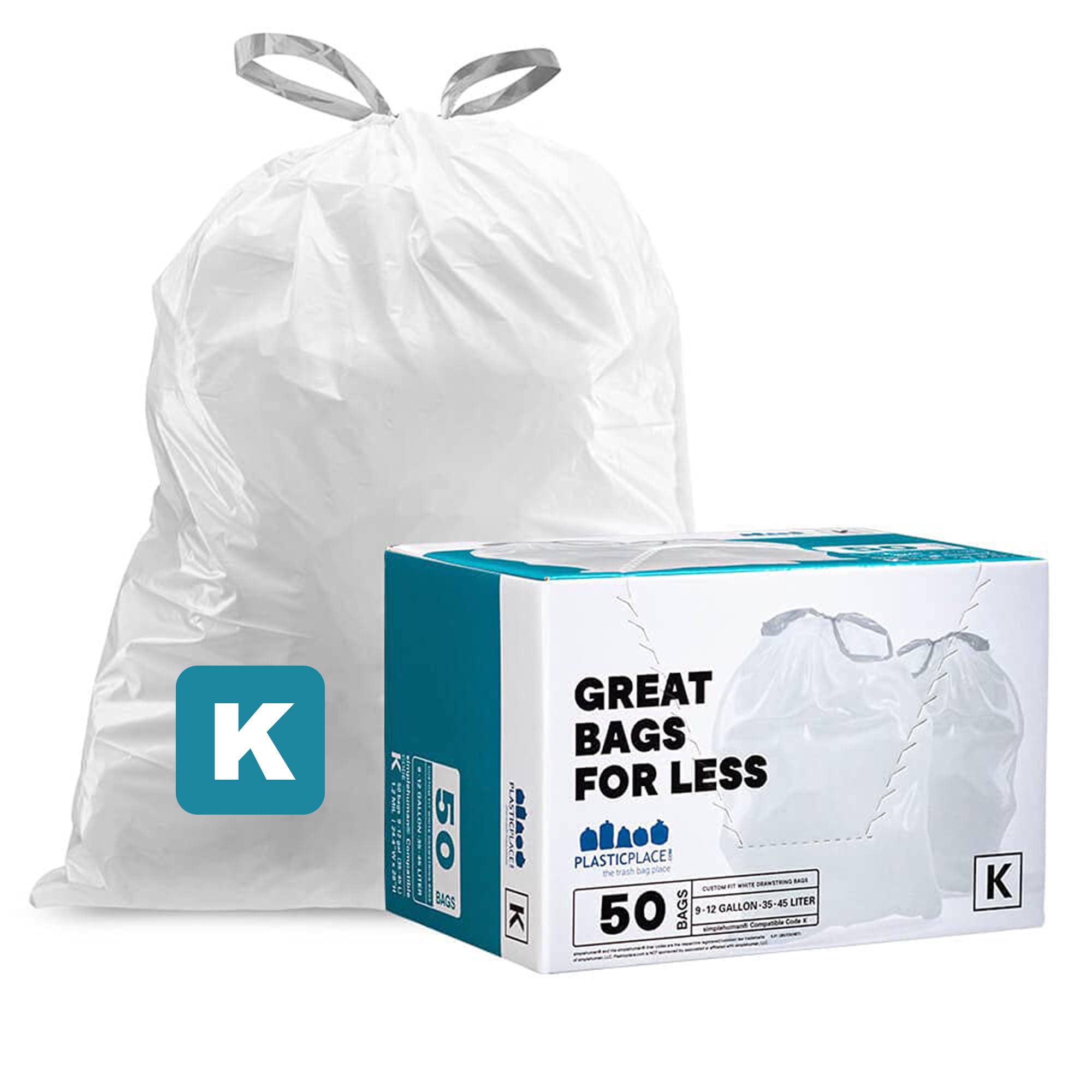 Plasticplace Müllbeutel, Simplehuman Code K kompatibel (50 Stück) | weiße Müllbeutel mit Kordelzug, 38 Liter | 62 x 71,1 cm
