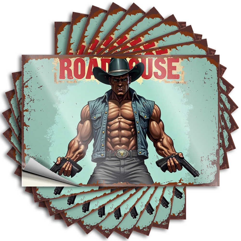Teen Boy Bedroom Decor, Sticker Math Water Roadhouse Cowboy: A Muscular Western Legend with Dual Pistols | Punk Waterproof Vinyl Stickers(12X18CM)
