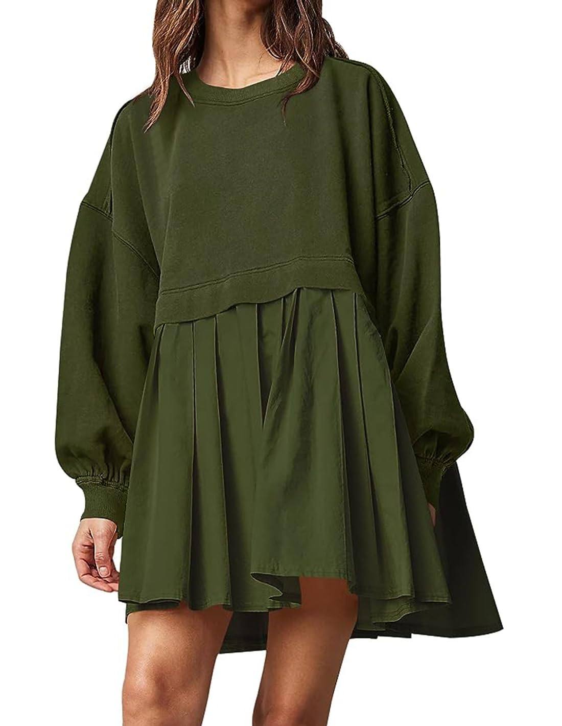 Women Crew Neck Sweatshirt Dress Oversized Long Sleeve Drop Shoulder Patchwork Pleated Baggy Sweatshirt Mini Dress