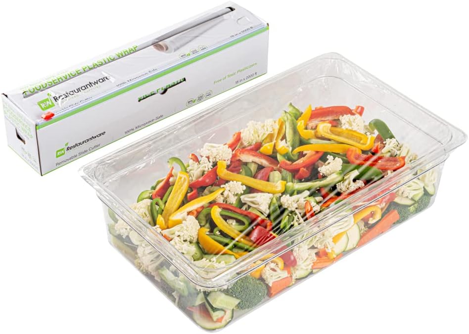 Restaurantware Base 18 Inch x 2000 Feet Cling Wrap, 1 Roll Microwave-Safe Cling Film - With Removable Slide-Cutter, BPA-Free, Clear Plastic Food Wrapping Film, Securely Seal & Keep Food Fresh 18"