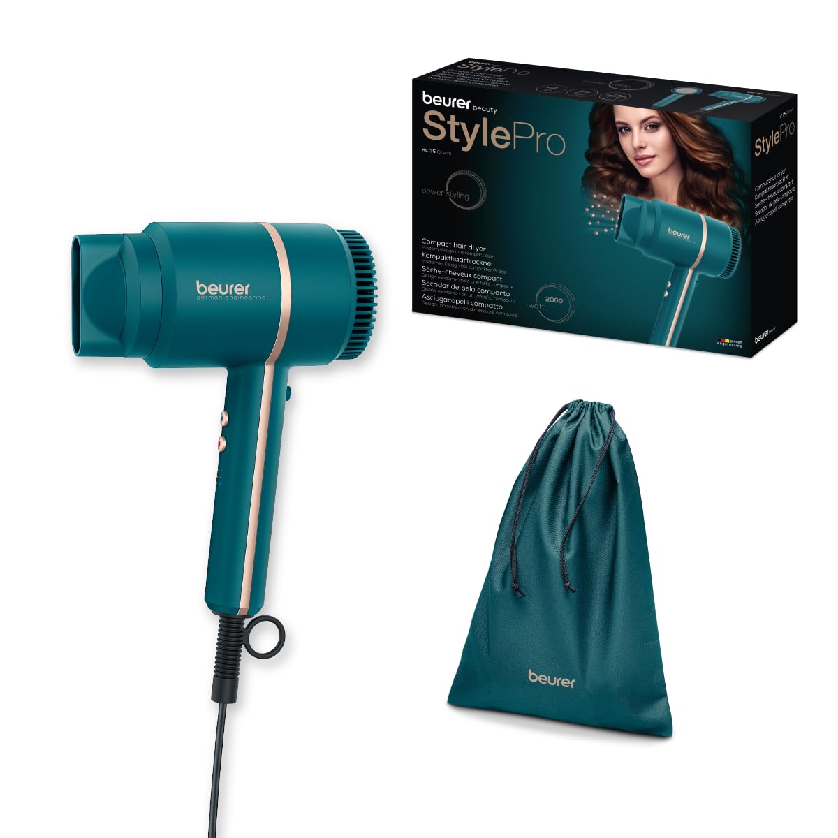 HC 35 Ocean Hair Dryer, Compact Hair Dryer with Ion Function for Shiny & Smooth Hair, Includes Styling Nozzle, 1600-2000 Watt