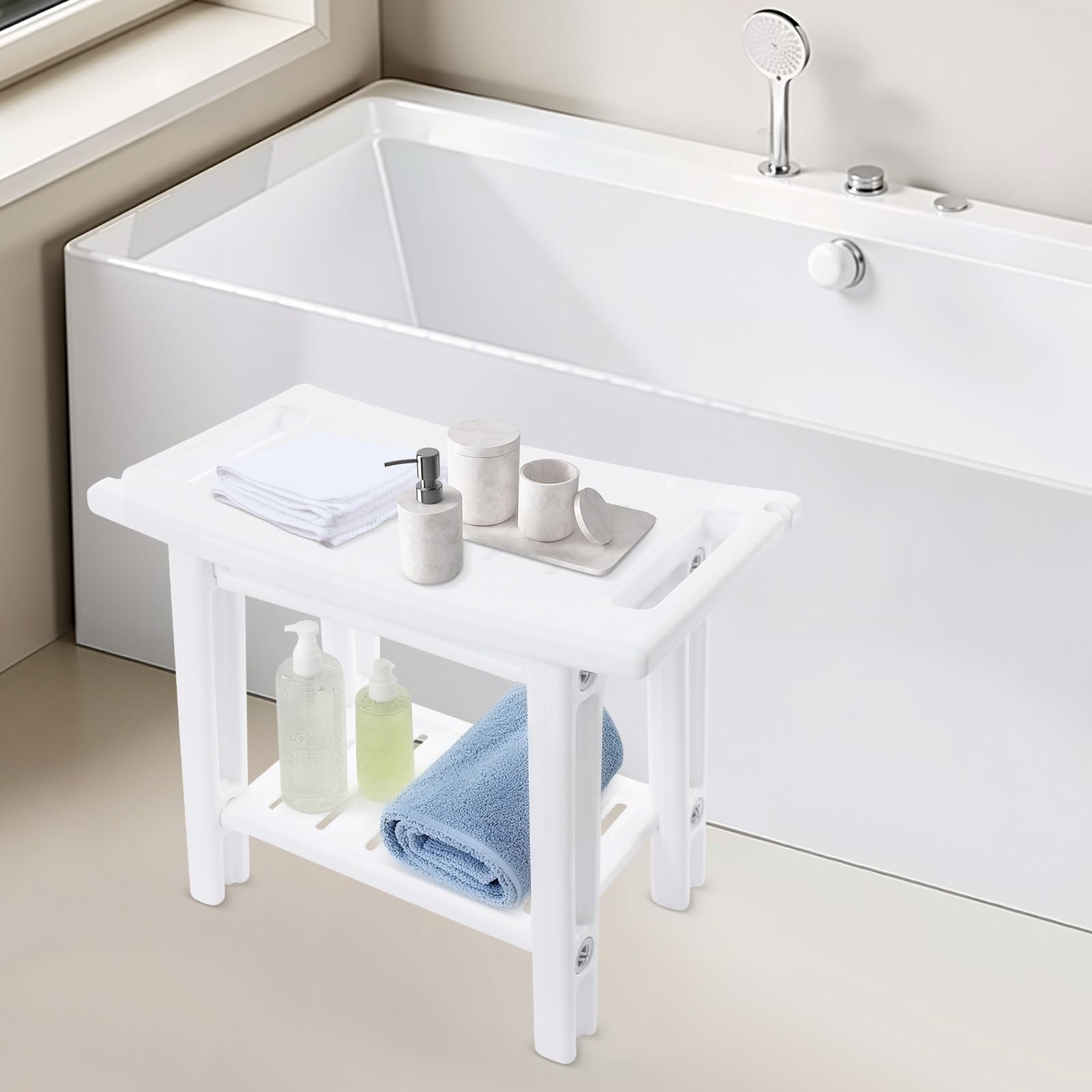 Taburete de ducha de 2 niveles, taburete de baño con soporte para cabezal de ducha, HDPE, taburete de ducha de spa de diseño moderno y ergonómico, color blanco