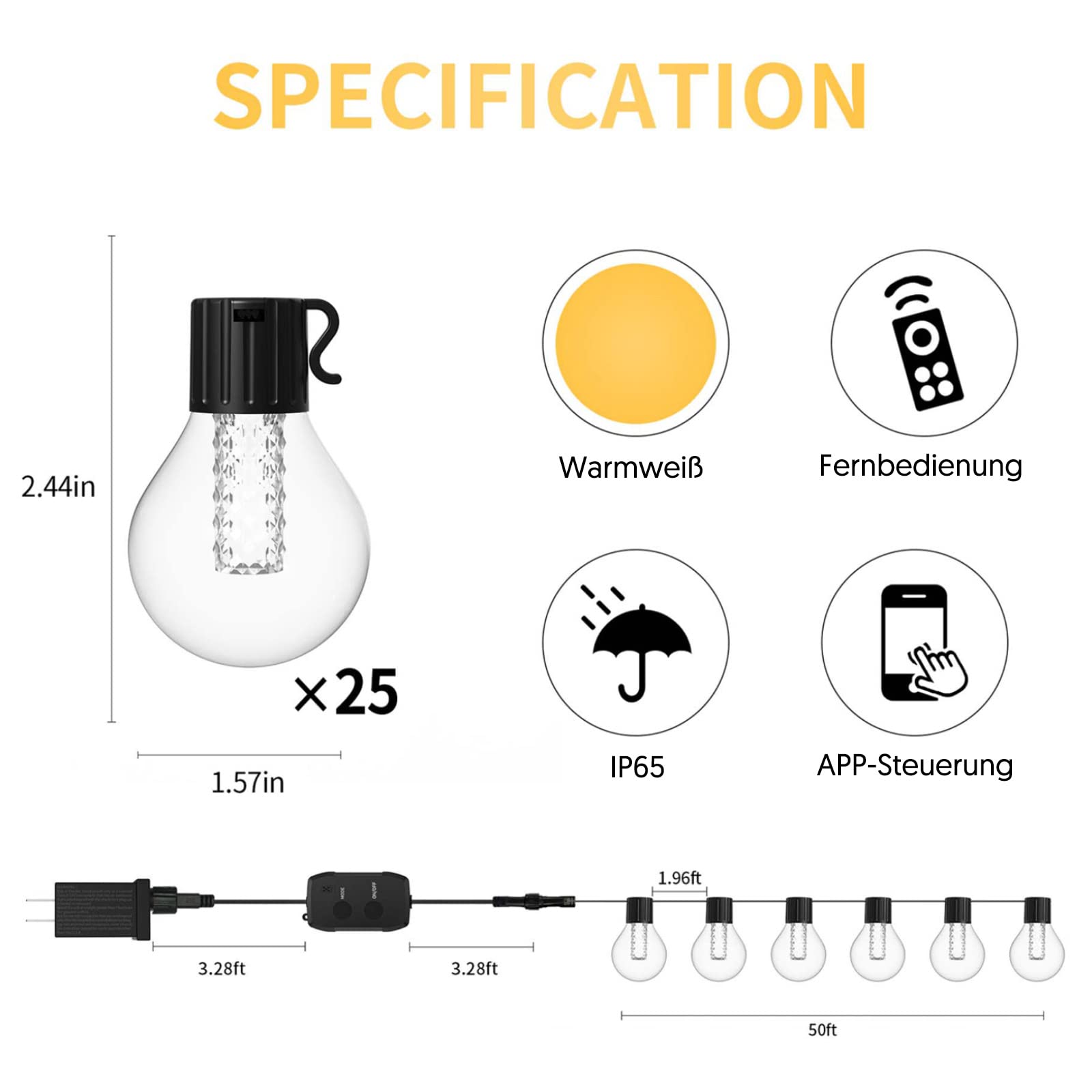 Avatar Controls Guirlande Lumineuse Extérieure Dimmable 15m, APP& Contrôlé Guinguette 25 LED G40 Ampoules Incassable Étanche IP65, Raccordable Lumières Suspendues pour Patio Fête Chaude Blanc